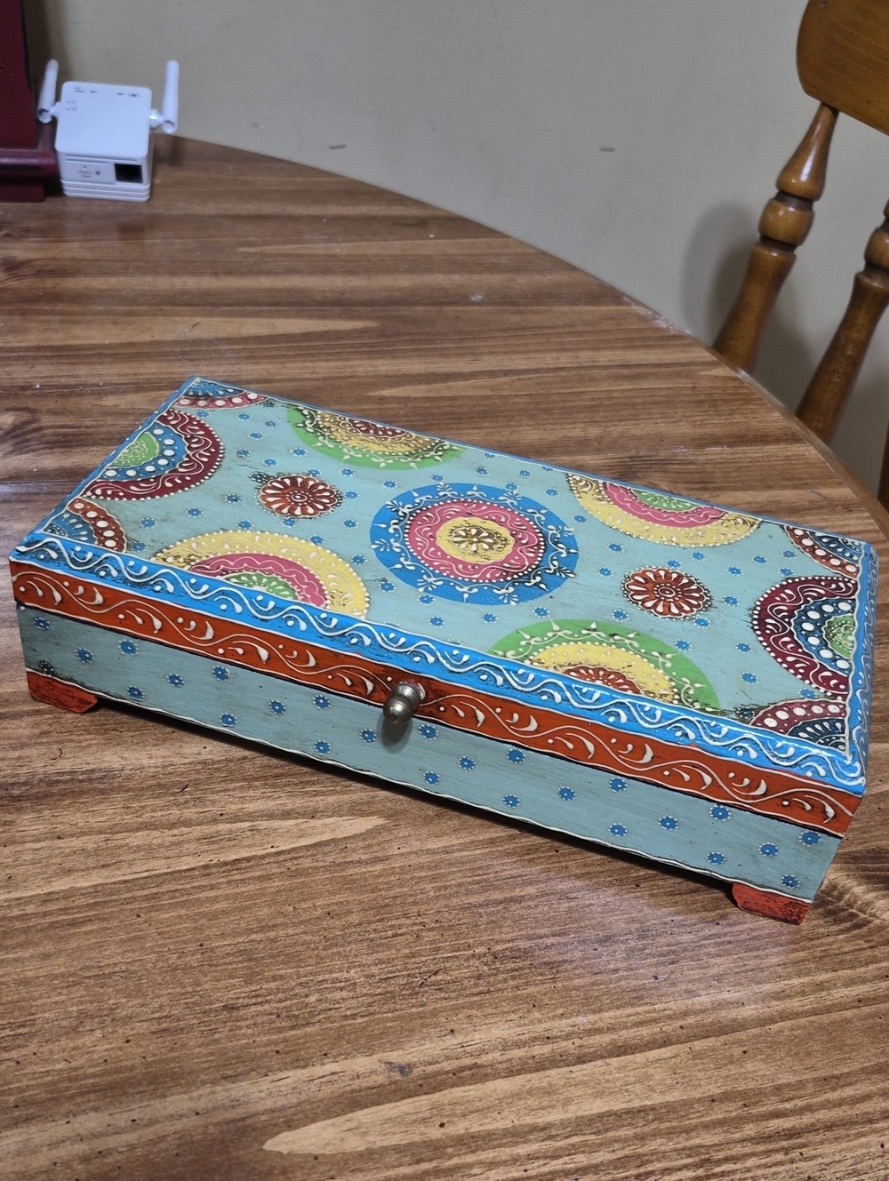 Source Unknown Light Blue Hand-Painted Jewelry Box with Multicolor Medallions
